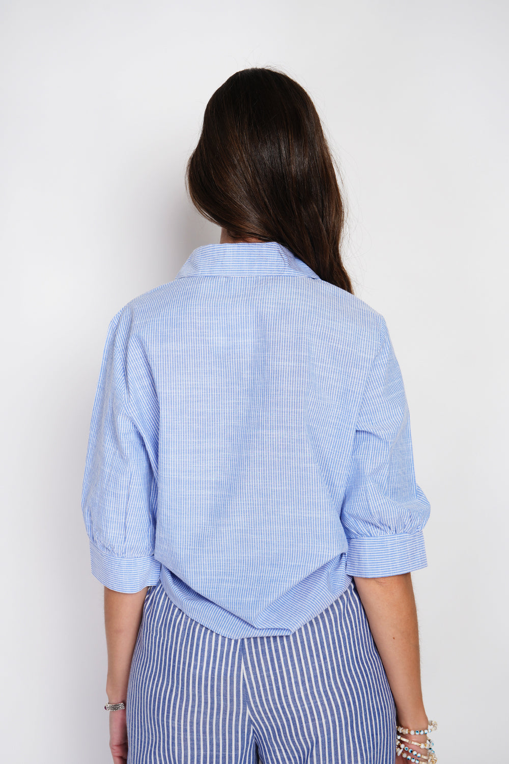 Top con collo a camicia, incrociato davanti, a trapezio con maniche a 3/4 Blu Azzurro