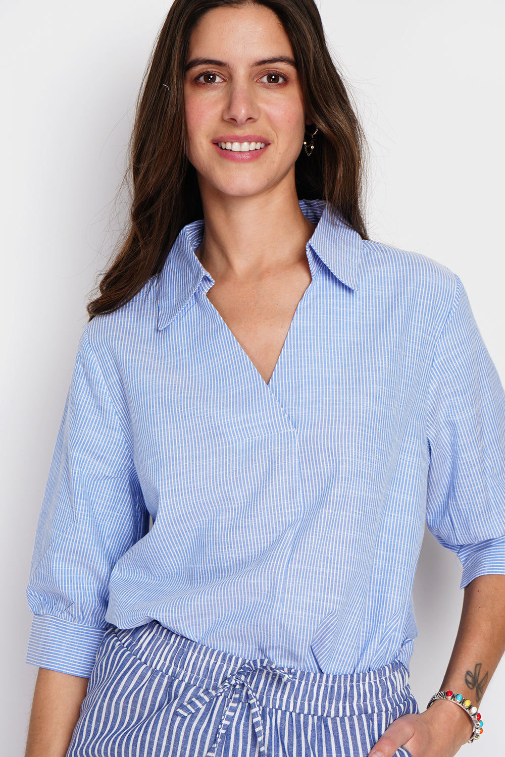 Top con collo a camicia, incrociato davanti, a trapezio con maniche a 3/4 Blu Azzurro