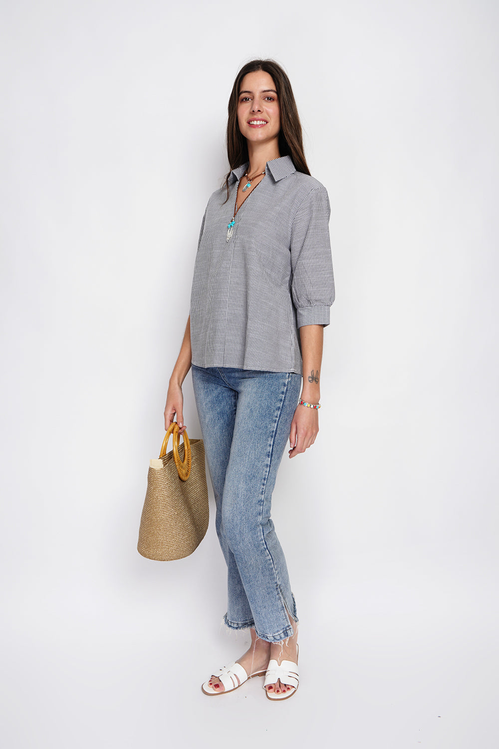 Top con collo a camicia, incrociato davanti, a trapezio con maniche a 3/4 Nero