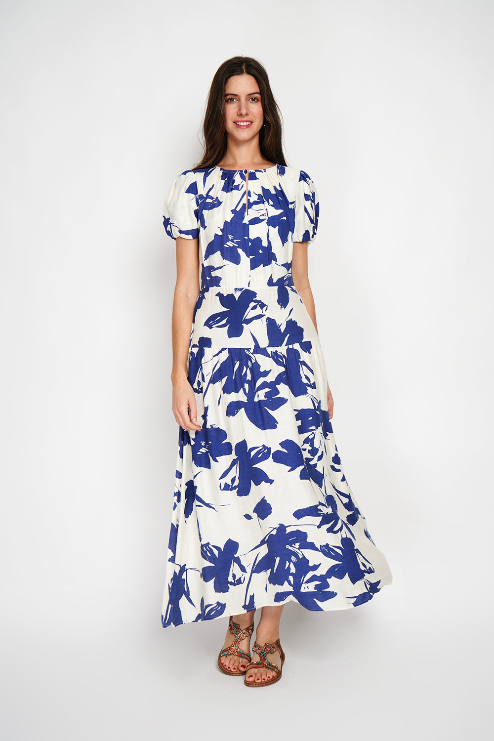 Abito lungo con stampa floreale e maniche a 3/4 Blu navy - William