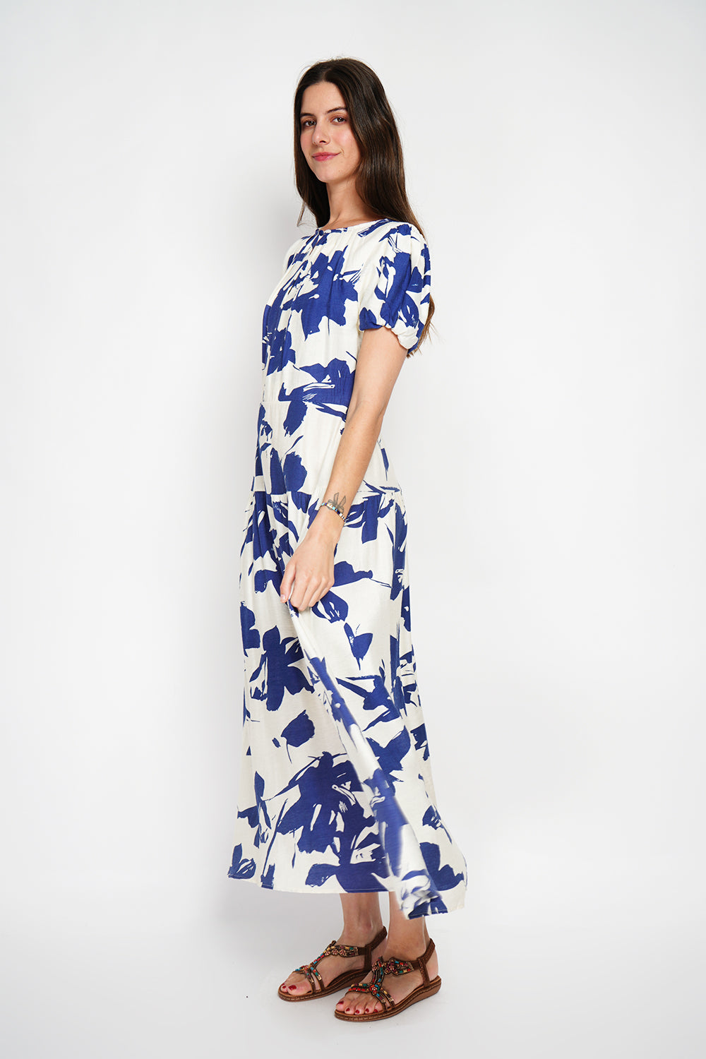 Abito lungo con stampa floreale e maniche a 3/4 Blu navy - William
