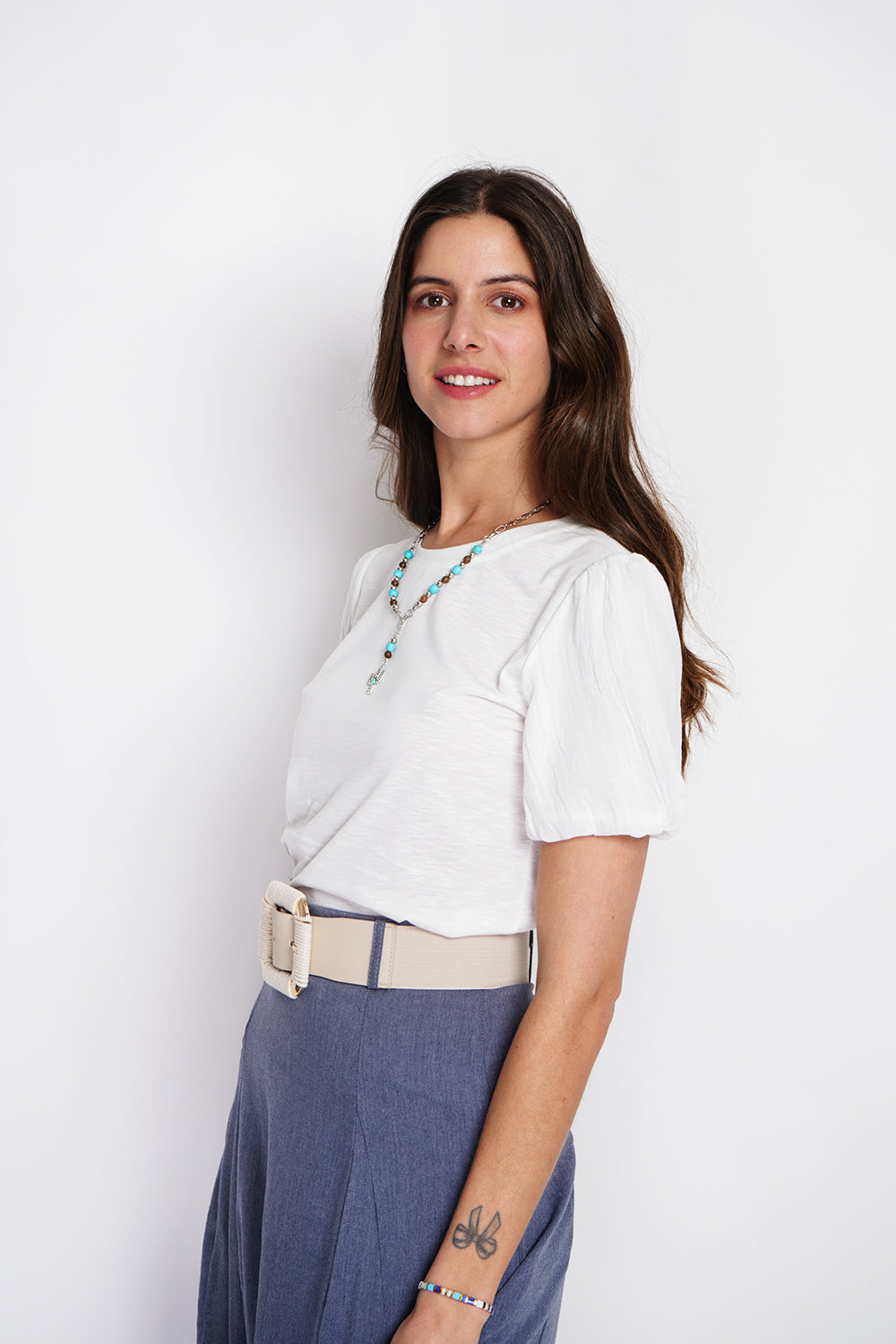 T-shirt girocollo a maniche corte con maniche a sbuffo Bianco