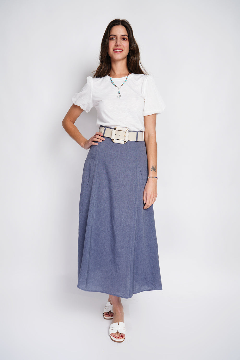 T-shirt girocollo a maniche corte con maniche a sbuffo Bianco