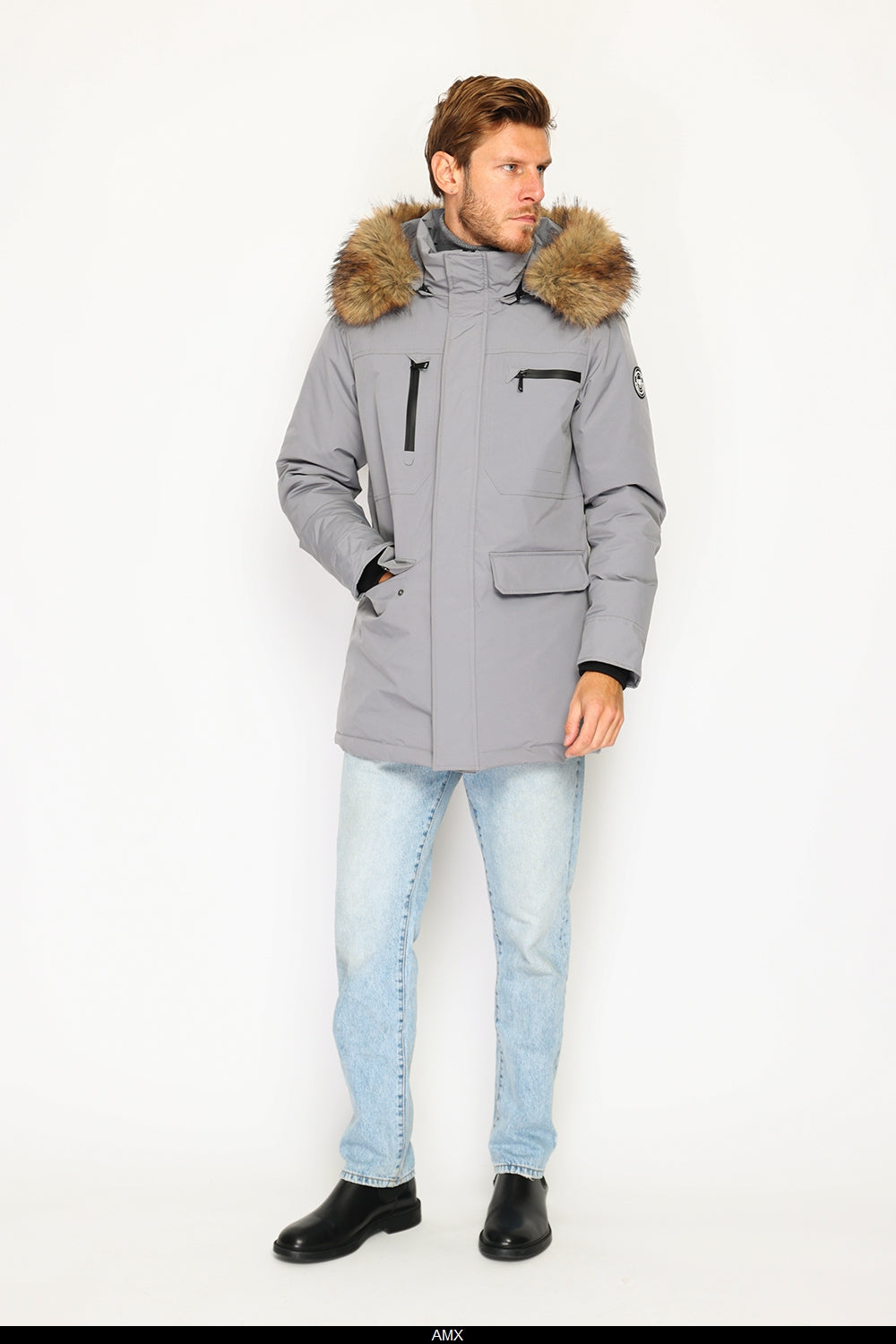 Piumino impermeabile con isolamento termico fino a -20°C, con cappuccio foderato in pelliccia staccabile, multitasche, maniche lunghe, polsini elasticizzati - Bleu Grey