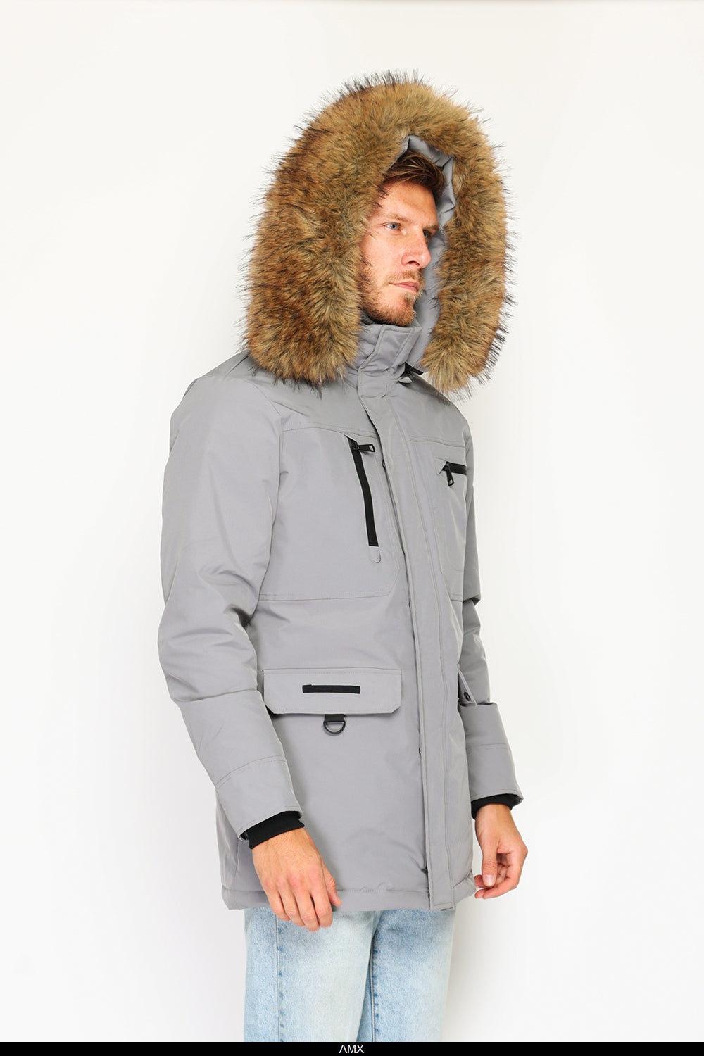 Piumino impermeabile con isolamento termico fino a -20°C, con cappuccio foderato in pelliccia staccabile, multitasche, maniche lunghe, polsini elasticizzati - Bleu Grey