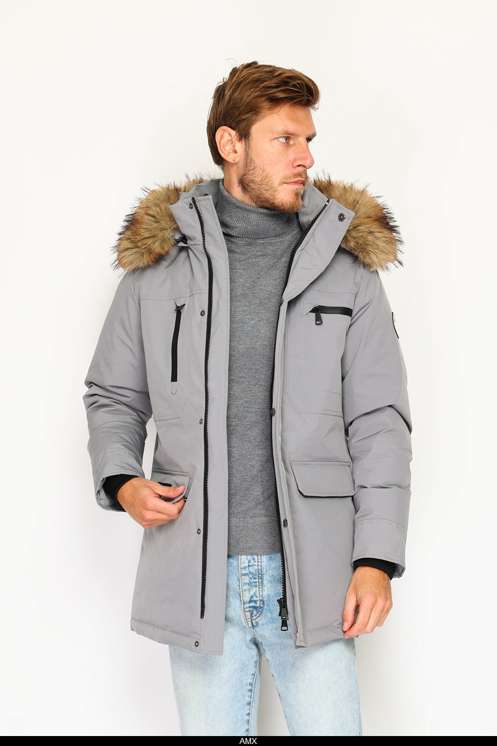 Piumino impermeabile con isolamento termico fino a -20°C, con cappuccio foderato in pelliccia staccabile, multitasche, maniche lunghe, polsini elasticizzati - Bleu Grey