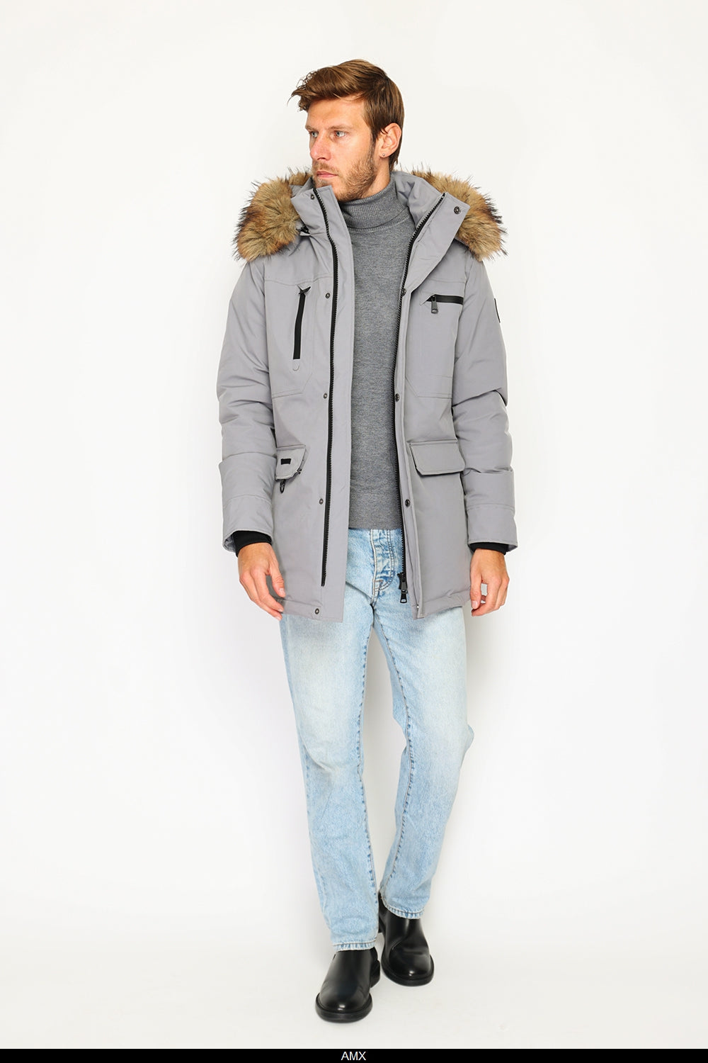 Piumino impermeabile con isolamento termico fino a -20°C, con cappuccio foderato in pelliccia staccabile, multitasche, maniche lunghe, polsini elasticizzati - Bleu Grey