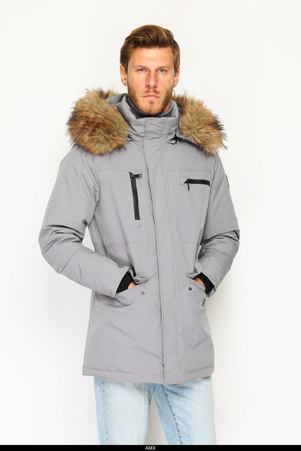 Piumino impermeabile con isolamento termico fino a -20°C, con cappuccio foderato in pelliccia staccabile, multitasche, maniche lunghe, polsini elasticizzati - Bleu Grey