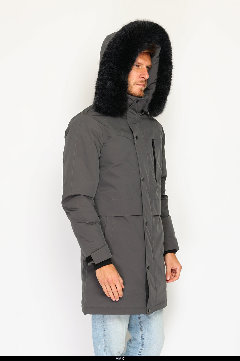 Giacca lunga impermeabile in piumino con isolamento termico fino a -20°C, con cappuccio in pelliccia rimovibile, multitasche, maniche lunghe, polsini regolabili - Grigio scuro