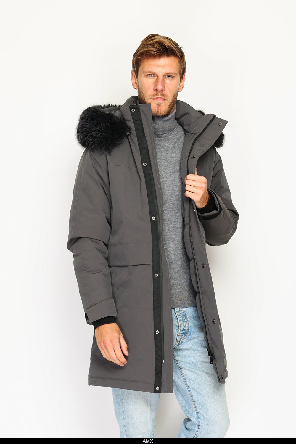 Giacca lunga impermeabile in piumino con isolamento termico fino a -20°C, con cappuccio in pelliccia rimovibile, multitasche, maniche lunghe, polsini regolabili - Grigio scuro