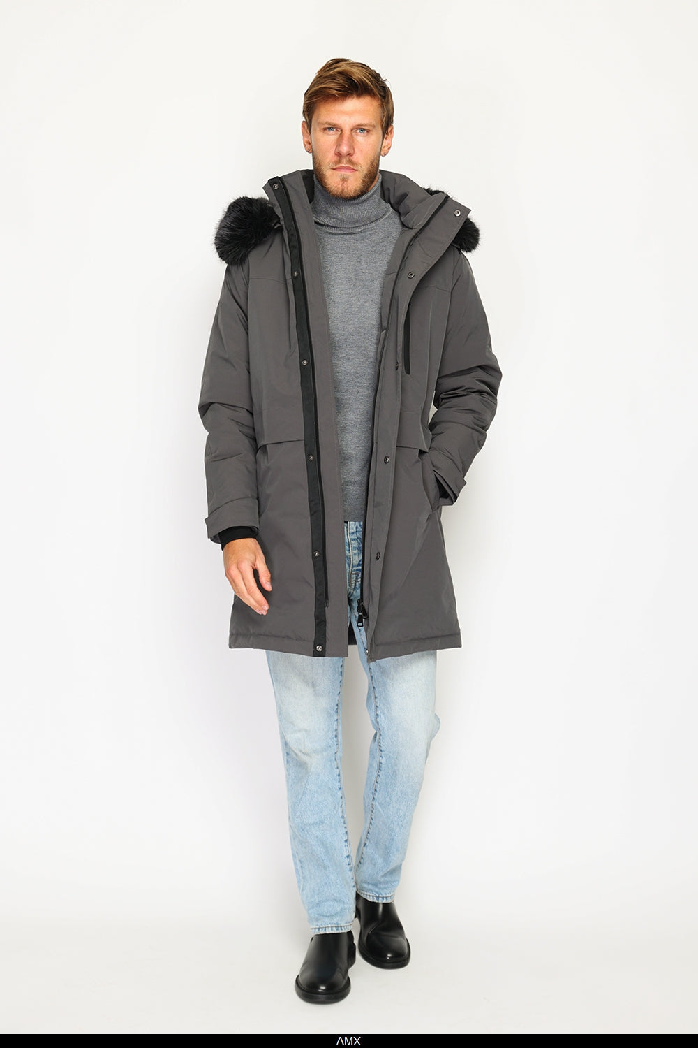 Giacca lunga impermeabile in piumino con isolamento termico fino a -20°C, con cappuccio in pelliccia rimovibile, multitasche, maniche lunghe, polsini regolabili - Grigio scuro