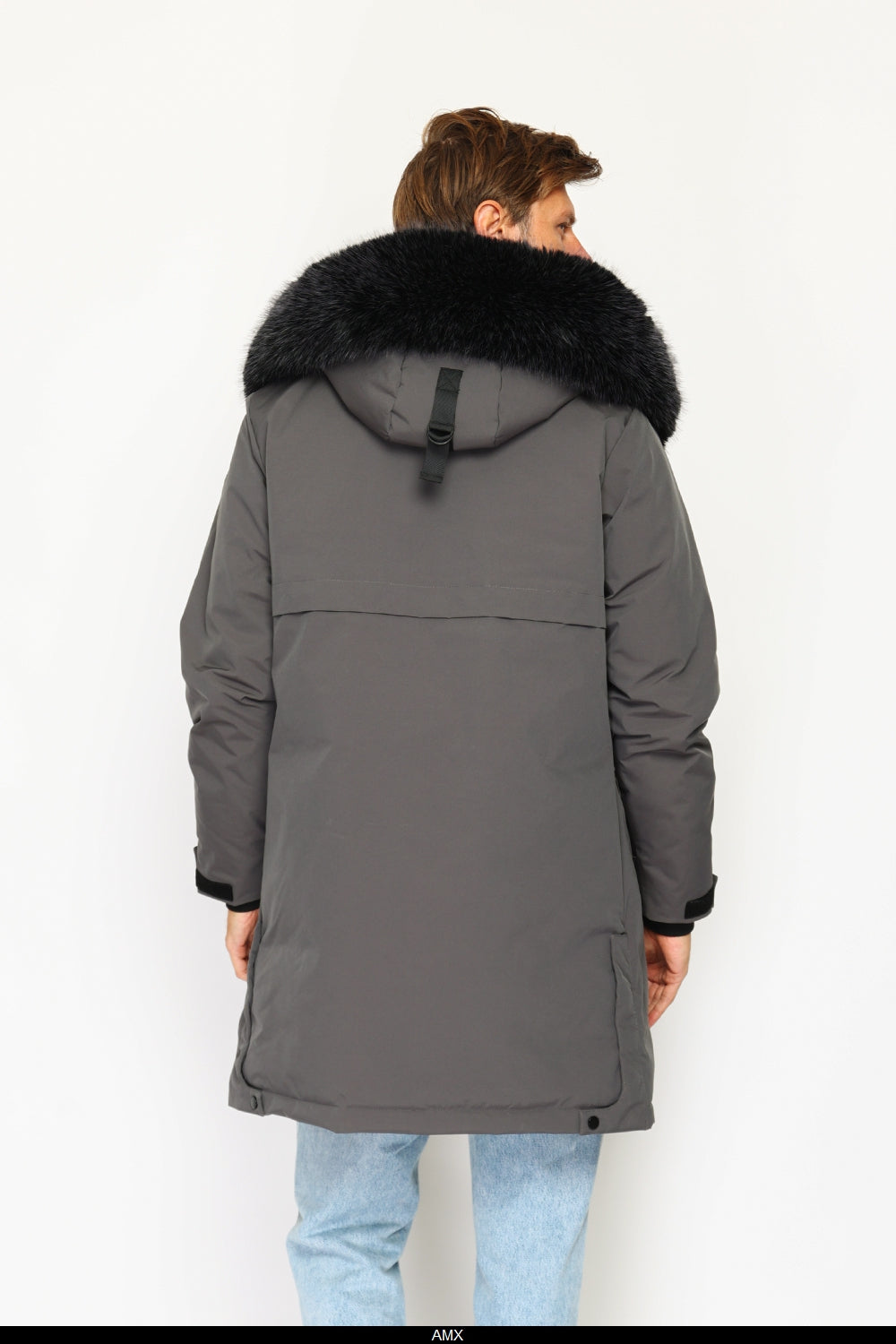 Giacca lunga impermeabile in piumino con isolamento termico fino a -20°C, con cappuccio in pelliccia rimovibile, multitasche, maniche lunghe, polsini regolabili - Grigio scuro