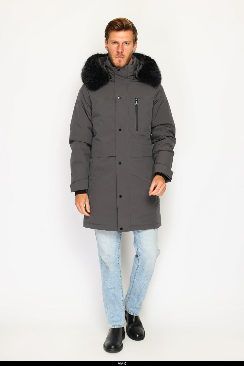 Giacca lunga impermeabile in piumino con isolamento termico fino a -20°C, con cappuccio in pelliccia rimovibile, multitasche, maniche lunghe, polsini regolabili - Grigio scuro