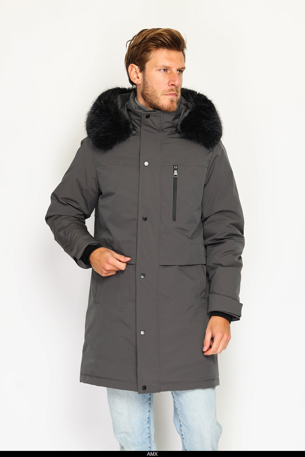 Giacca lunga impermeabile in piumino con isolamento termico fino a -20°C, con cappuccio in pelliccia rimovibile, multitasche, maniche lunghe, polsini regolabili - Grigio scuro