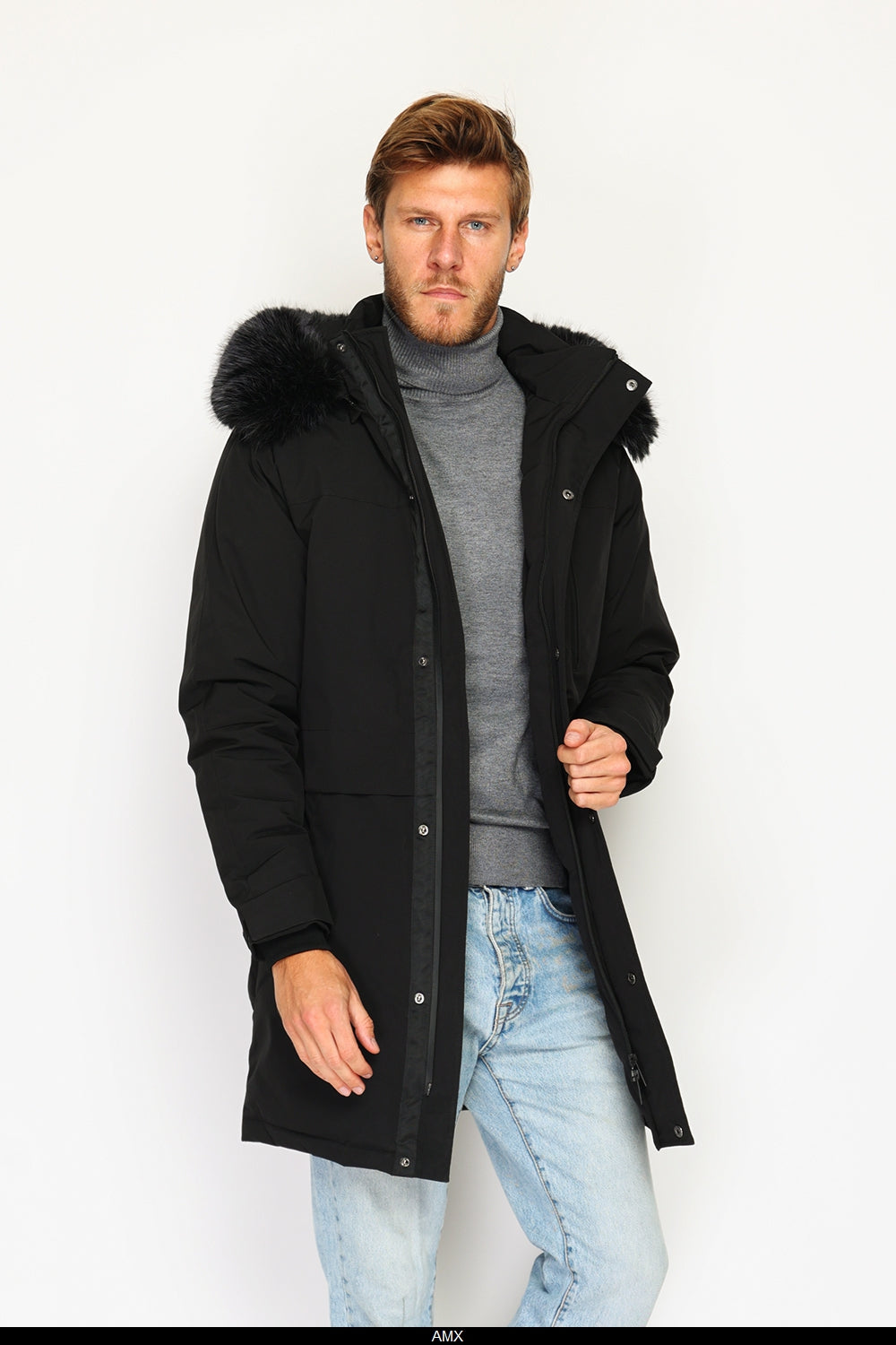 Giacca lunga impermeabile in piumino con isolamento termico fino a -20°C, con cappuccio rimovibile bordato di pelliccia, tasche multiple, maniche lunghe con polsini regolabili - Nero