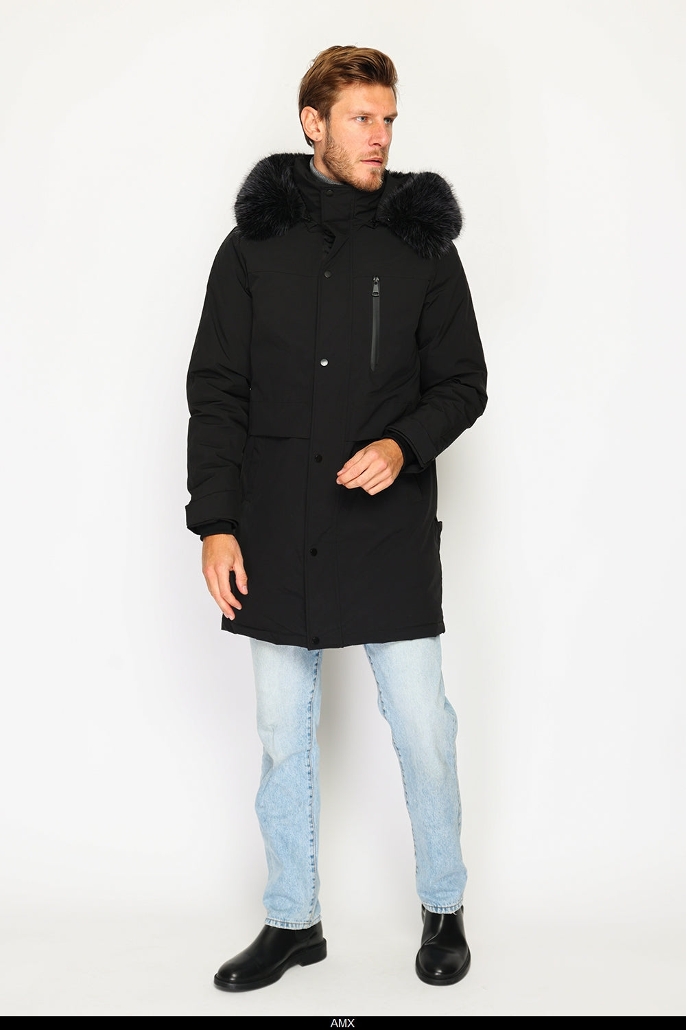 Giacca lunga impermeabile in piumino con isolamento termico fino a -20°C, con cappuccio rimovibile bordato di pelliccia, tasche multiple, maniche lunghe con polsini regolabili - Nero