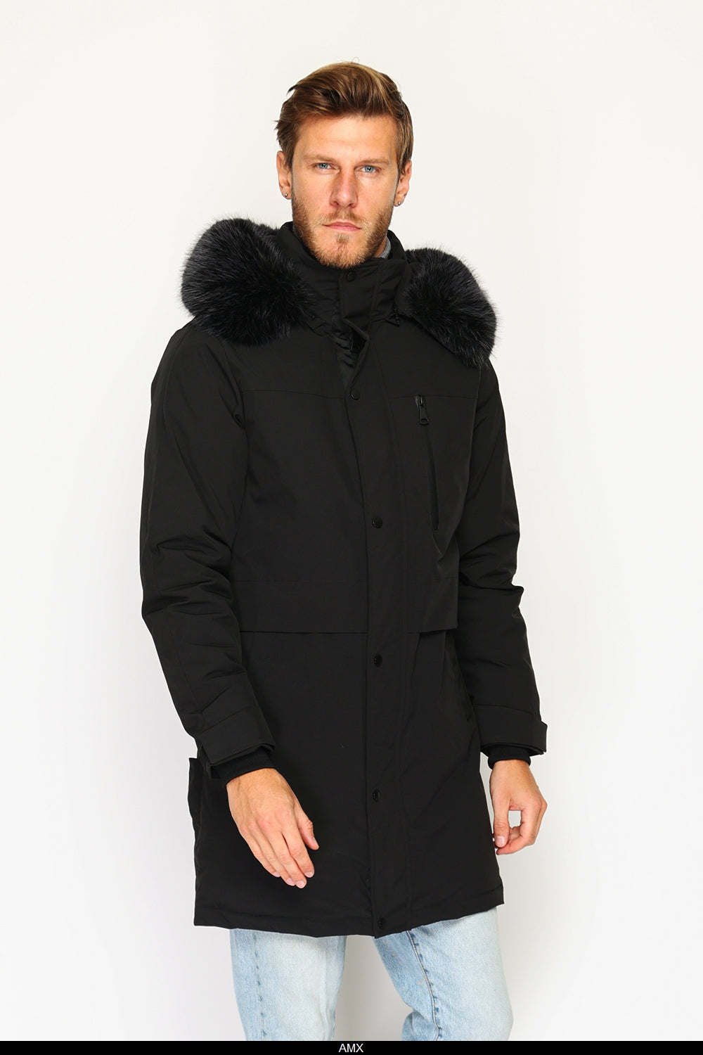 Giacca lunga impermeabile in piumino con isolamento termico fino a -20°C, con cappuccio rimovibile bordato di pelliccia, tasche multiple, maniche lunghe con polsini regolabili - Nero