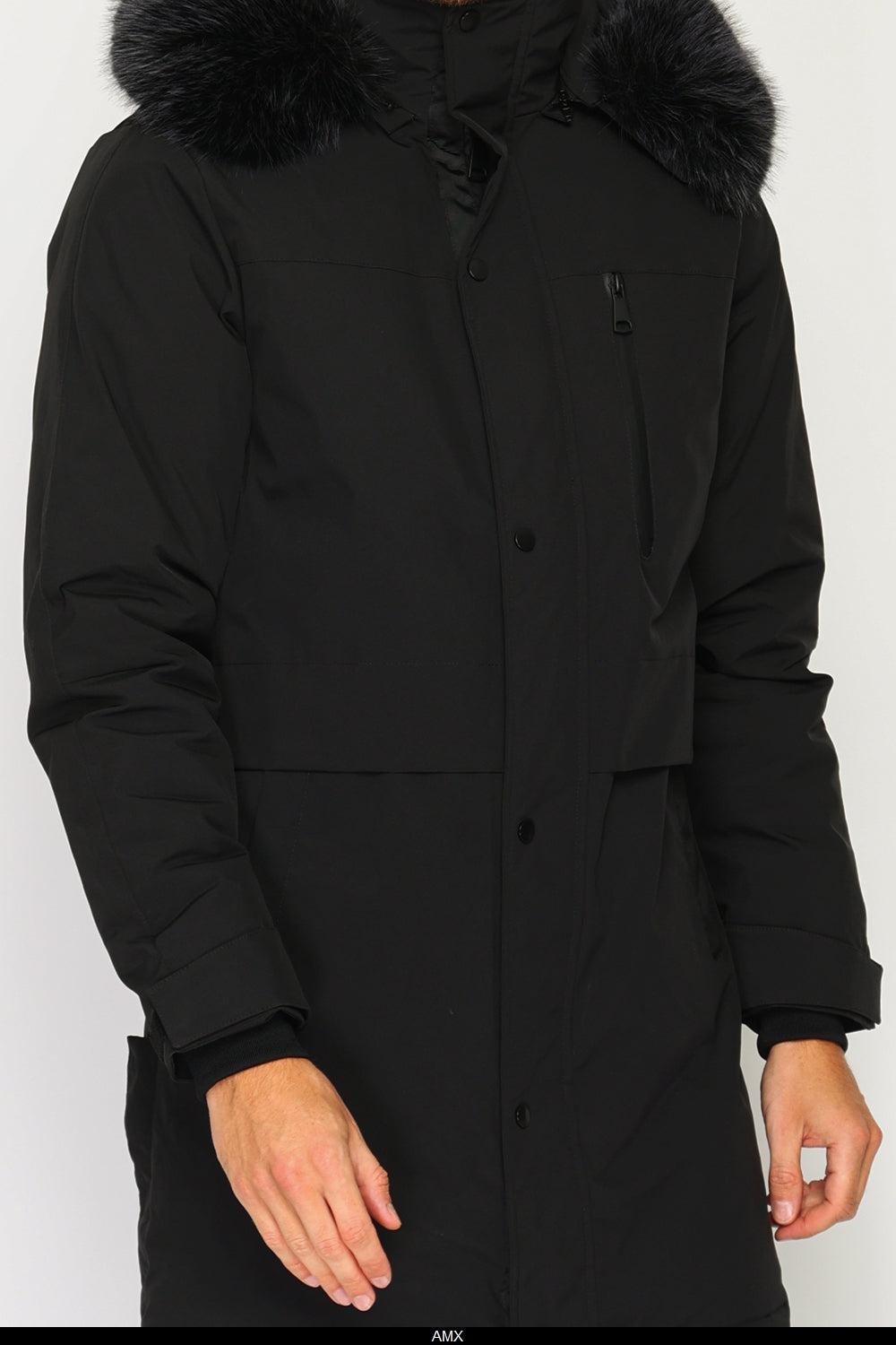 Giacca lunga impermeabile in piumino con isolamento termico fino a -20°C, con cappuccio rimovibile bordato di pelliccia, tasche multiple, maniche lunghe con polsini regolabili - Nero