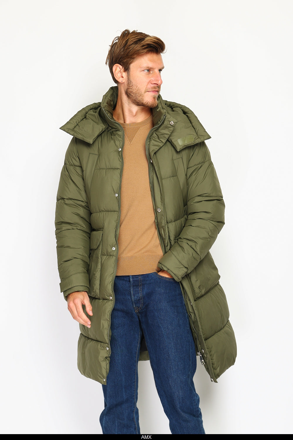 Giacca lunga in piumino con isolamento termico fino a -20°C, con cappuccio staccabile, multitasche, maniche lunghe, polsini regolabili - Cachi