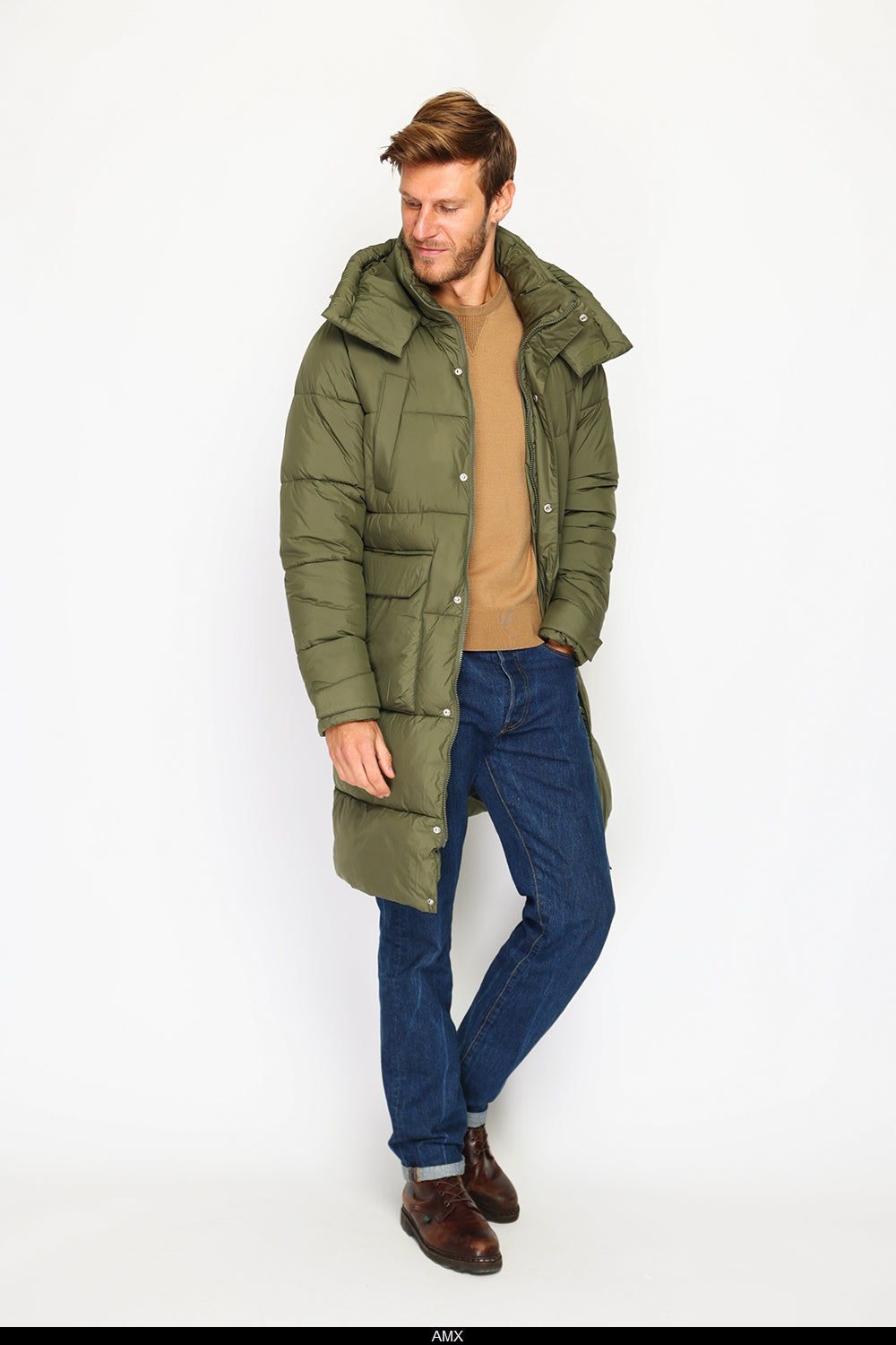 Giacca lunga in piumino con isolamento termico fino a -20°C, con cappuccio staccabile, multitasche, maniche lunghe, polsini regolabili - Cachi