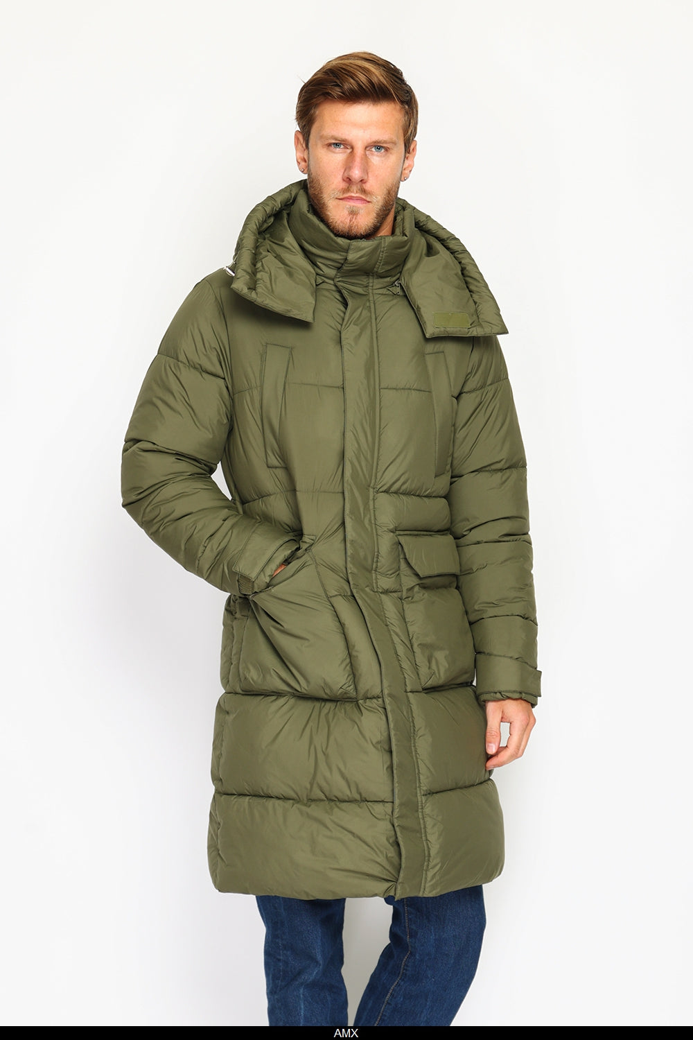 Giacca lunga in piumino con isolamento termico fino a -20°C, con cappuccio staccabile, multitasche, maniche lunghe, polsini regolabili - Cachi