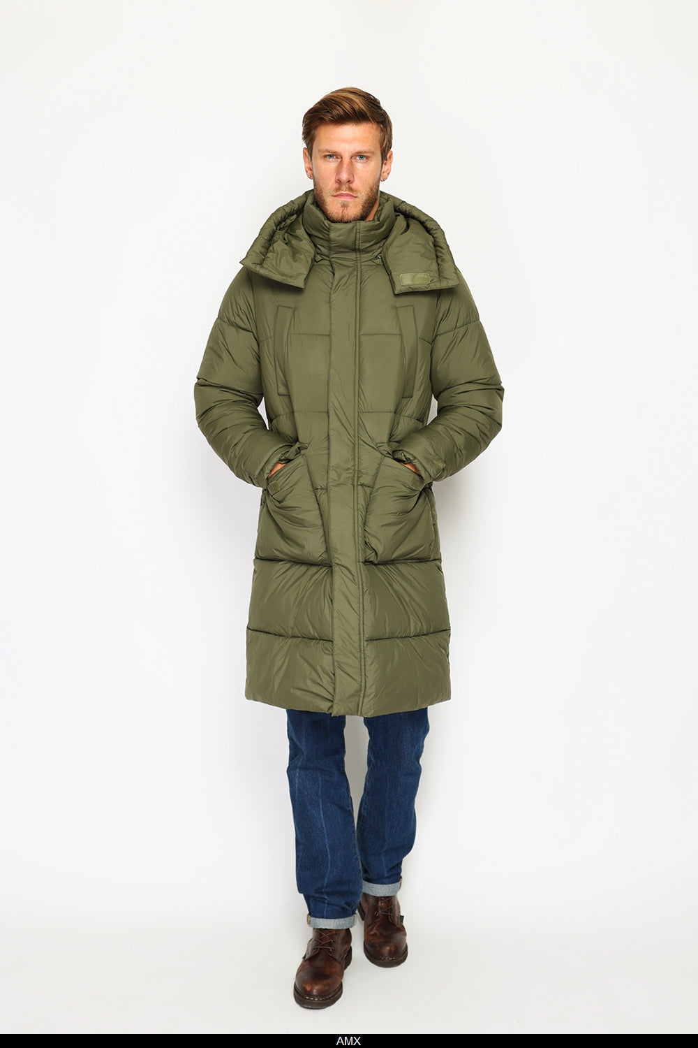 Giacca lunga in piumino con isolamento termico fino a -20°C, con cappuccio staccabile, multitasche, maniche lunghe, polsini regolabili - Cachi