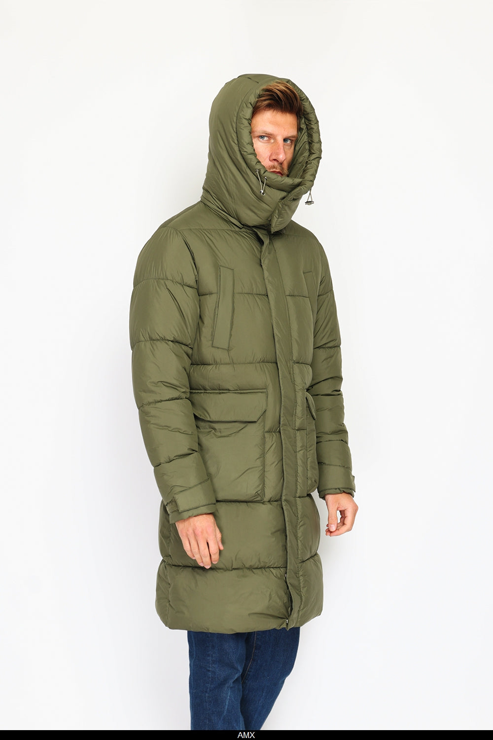 Giacca lunga in piumino con isolamento termico fino a -20°C, con cappuccio staccabile, multitasche, maniche lunghe, polsini regolabili - Cachi