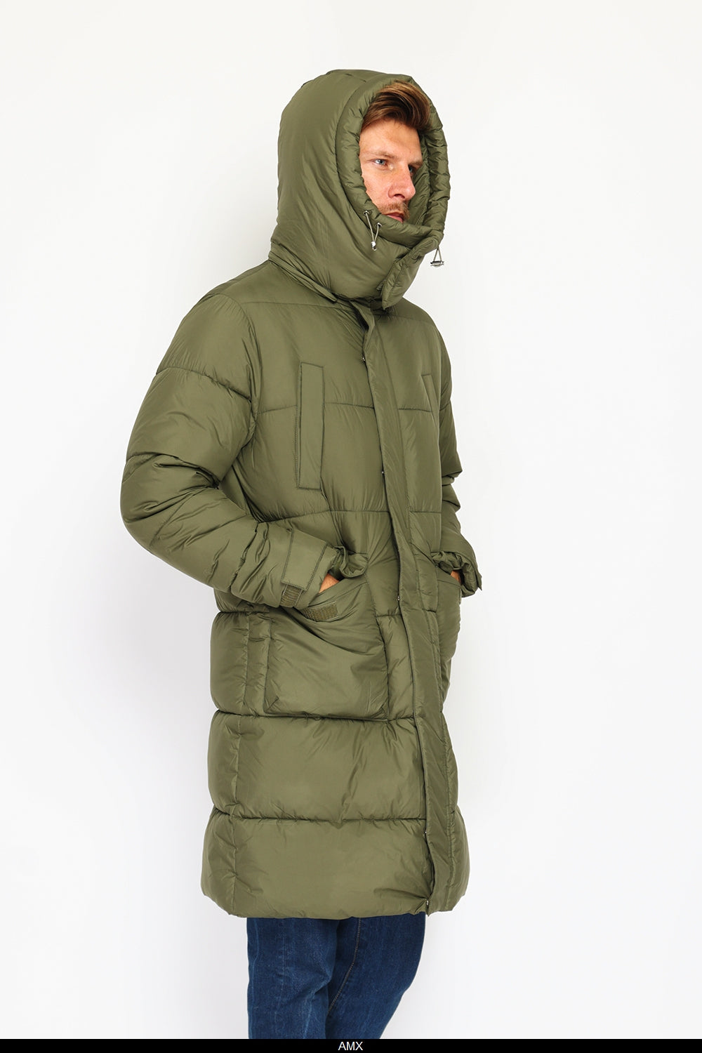 Giacca lunga in piumino con isolamento termico fino a -20°C, con cappuccio staccabile, multitasche, maniche lunghe, polsini regolabili - Cachi