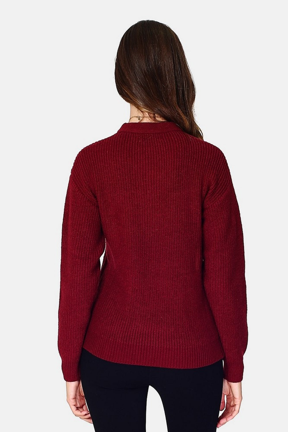 Maglione girocollo lavorato a coste con perline, tasche sul petto con manica lunga Rosso vino -WF2358