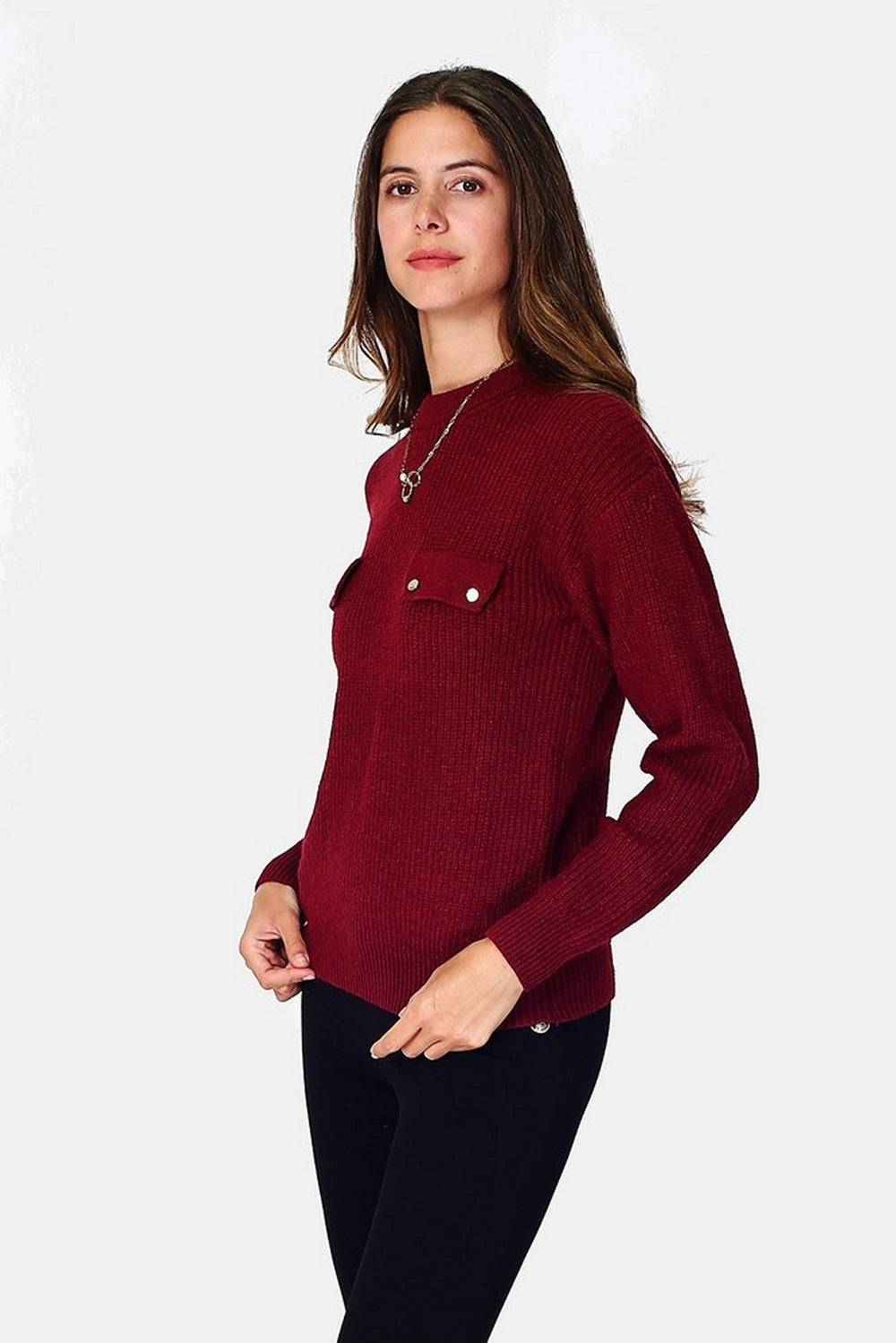 Maglione girocollo lavorato a coste con perline, tasche sul petto con manica lunga Rosso vino -WF2358