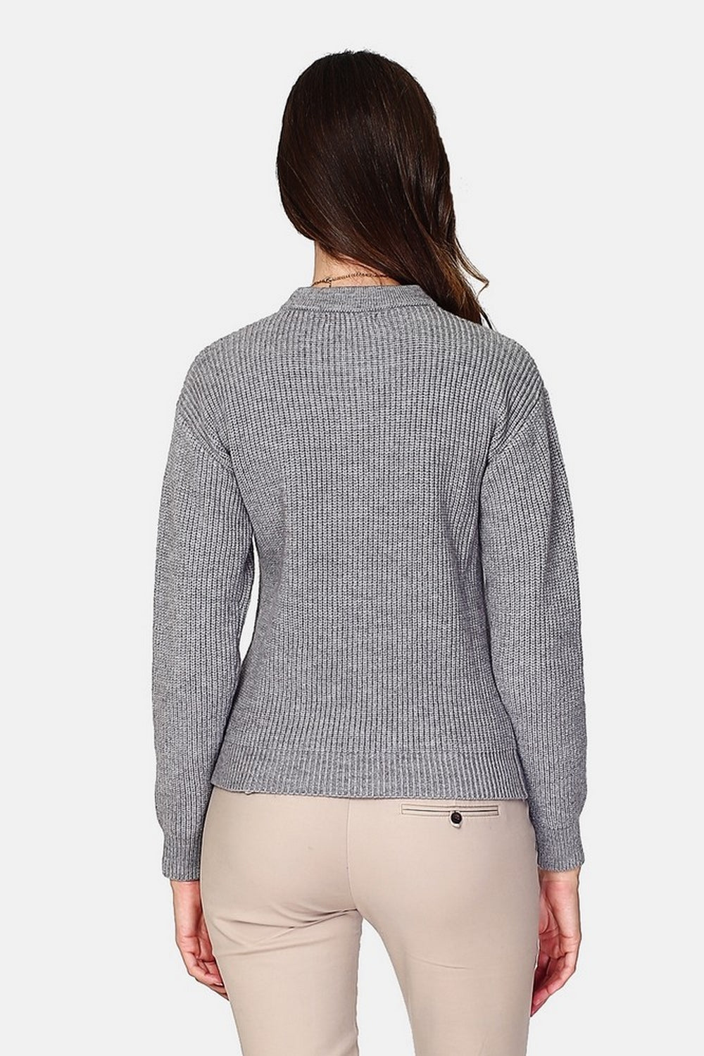 Maglione girocollo in maglia a coste con perline, tasche sul petto con manica lunga Grigio -WF2358