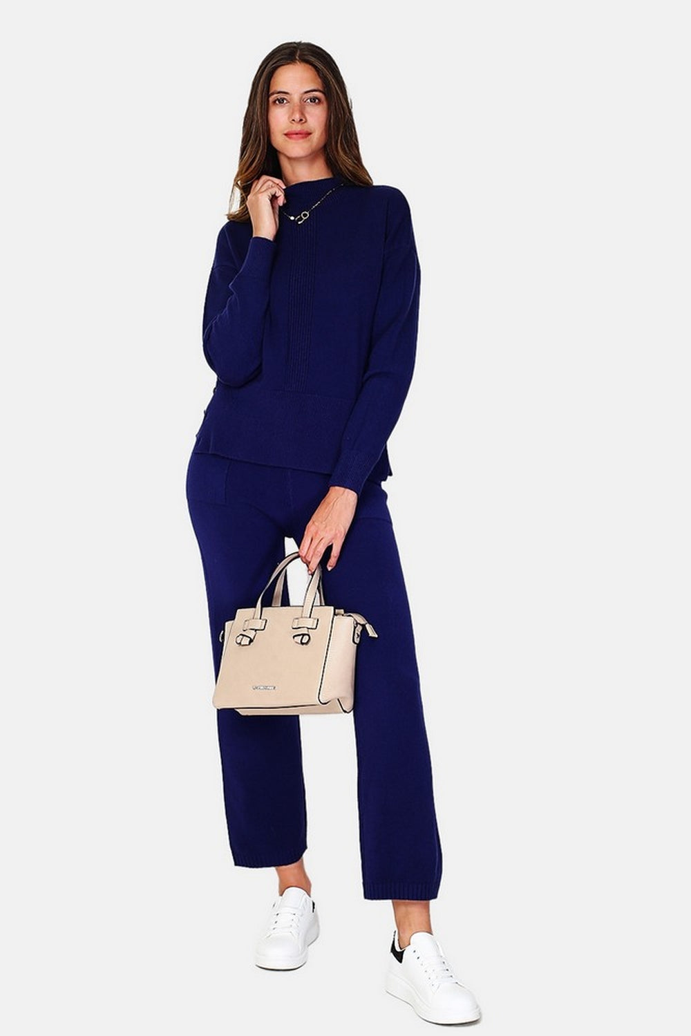 Maglione a collo alto con costine sul davanti e maniche a 4 fili Blu Notte