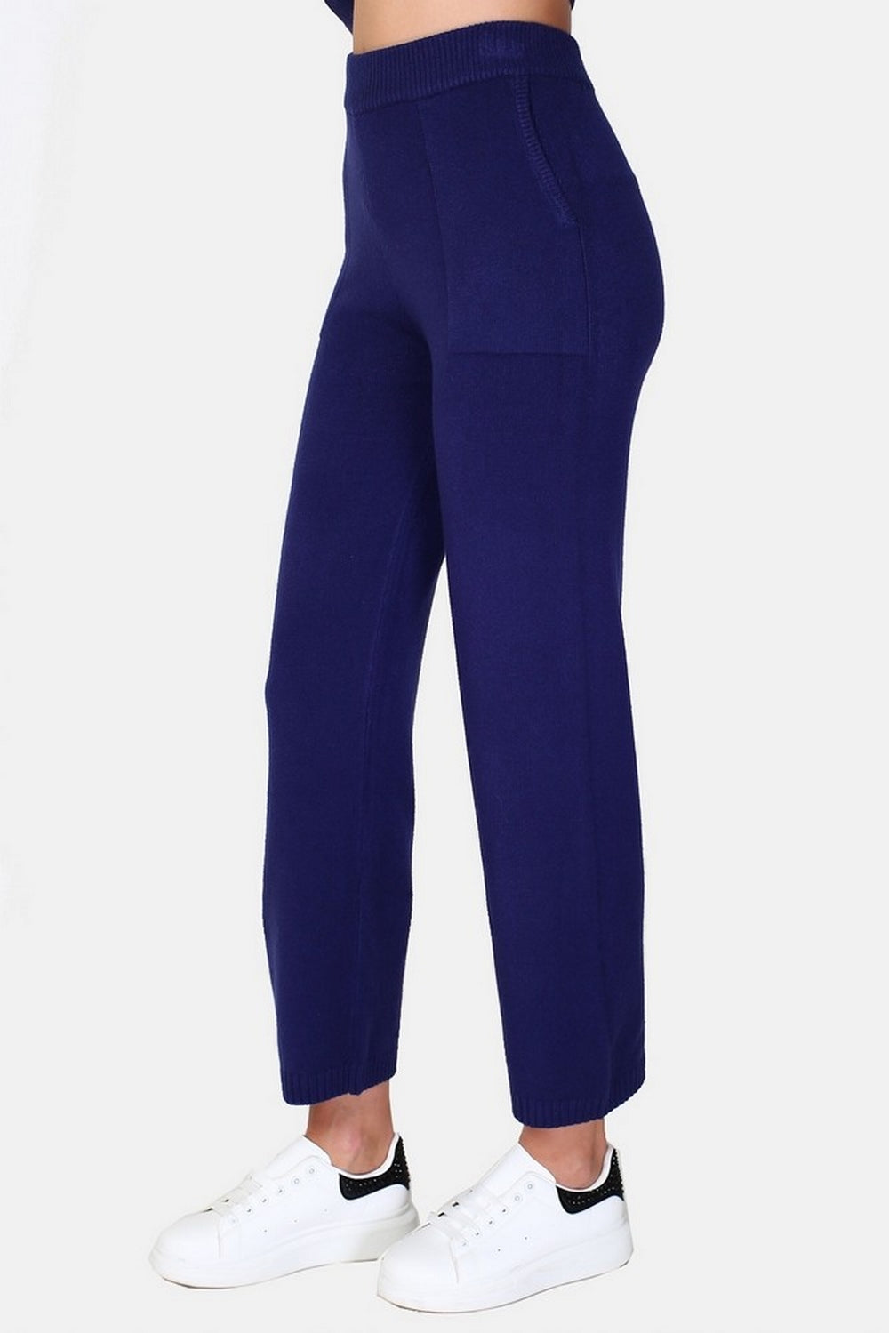 Pantaloni in maglia a vita alta, fondo ampio con tasche Blu notte -WF2383