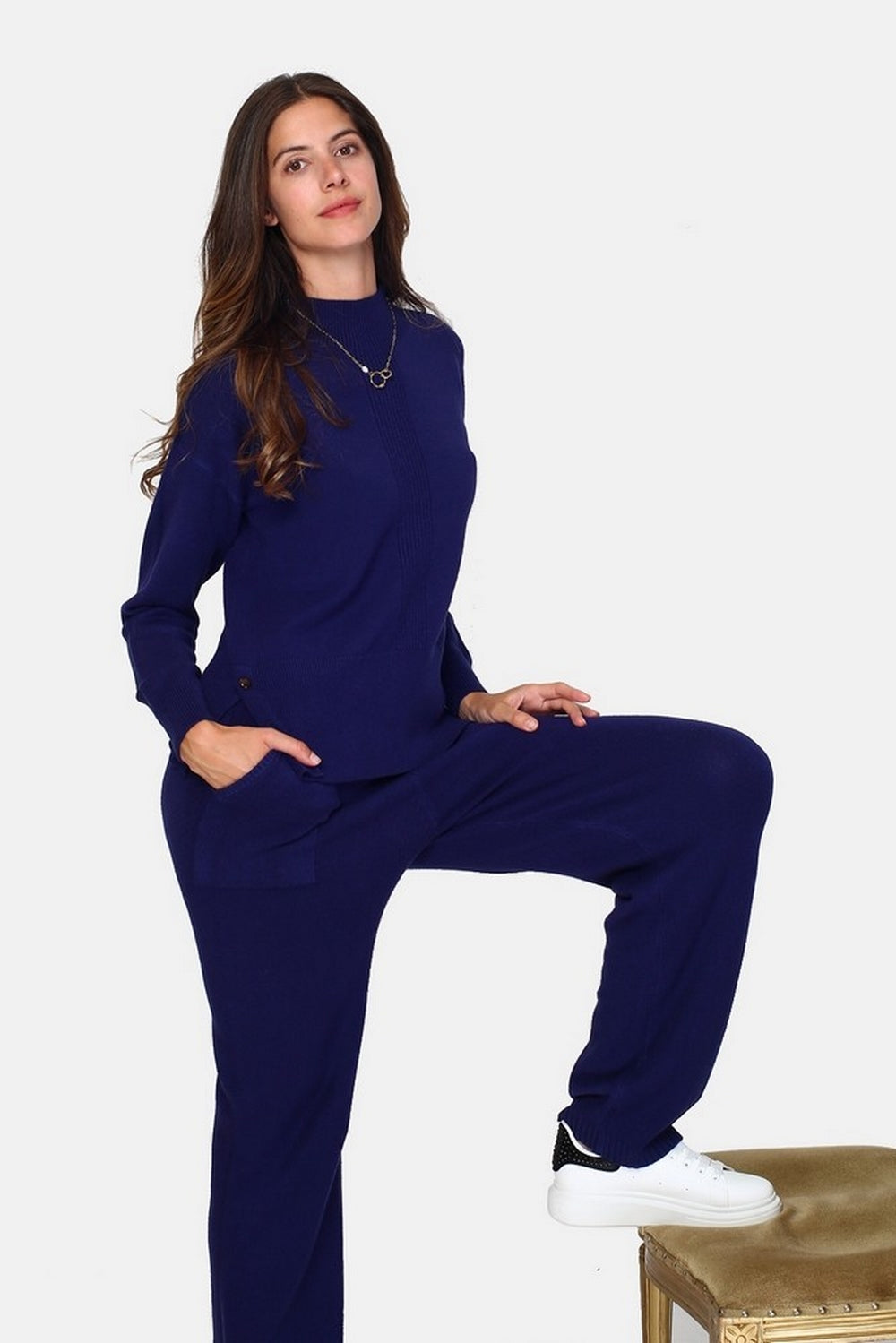 Pantaloni in maglia a vita alta, fondo ampio con tasche Blu notte -WF2383