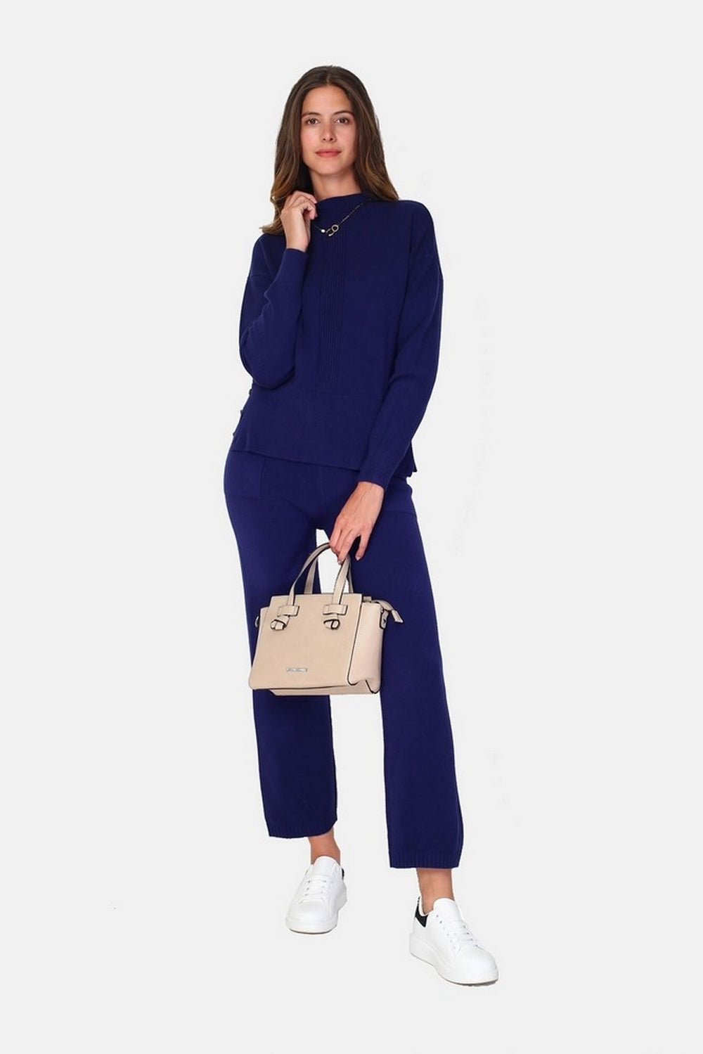 Pantaloni in maglia a vita alta, fondo ampio con tasche Blu notte -WF2383