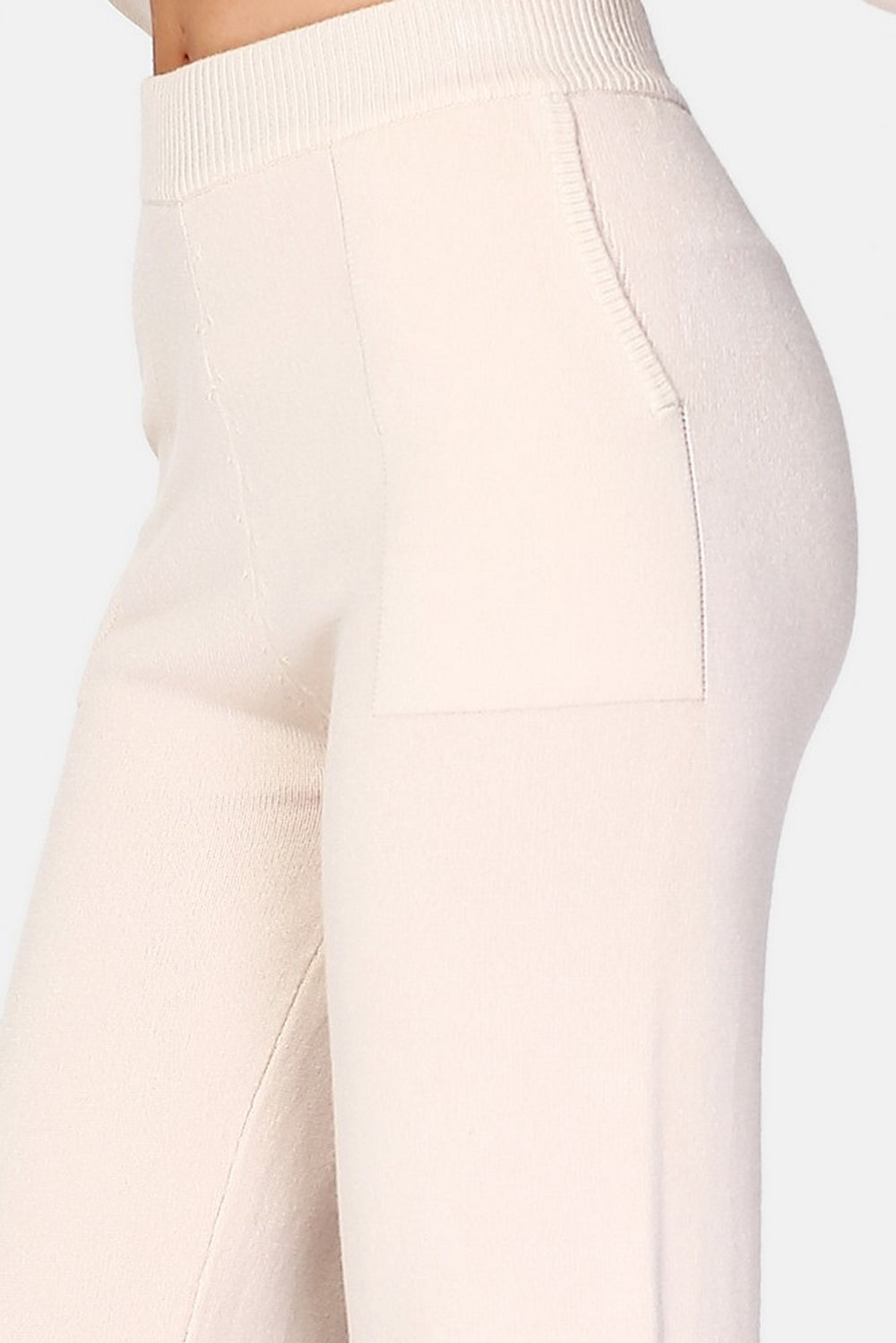 Pantaloni in maglia a vita alta, fondo ampio con tasche Crema -WF2383