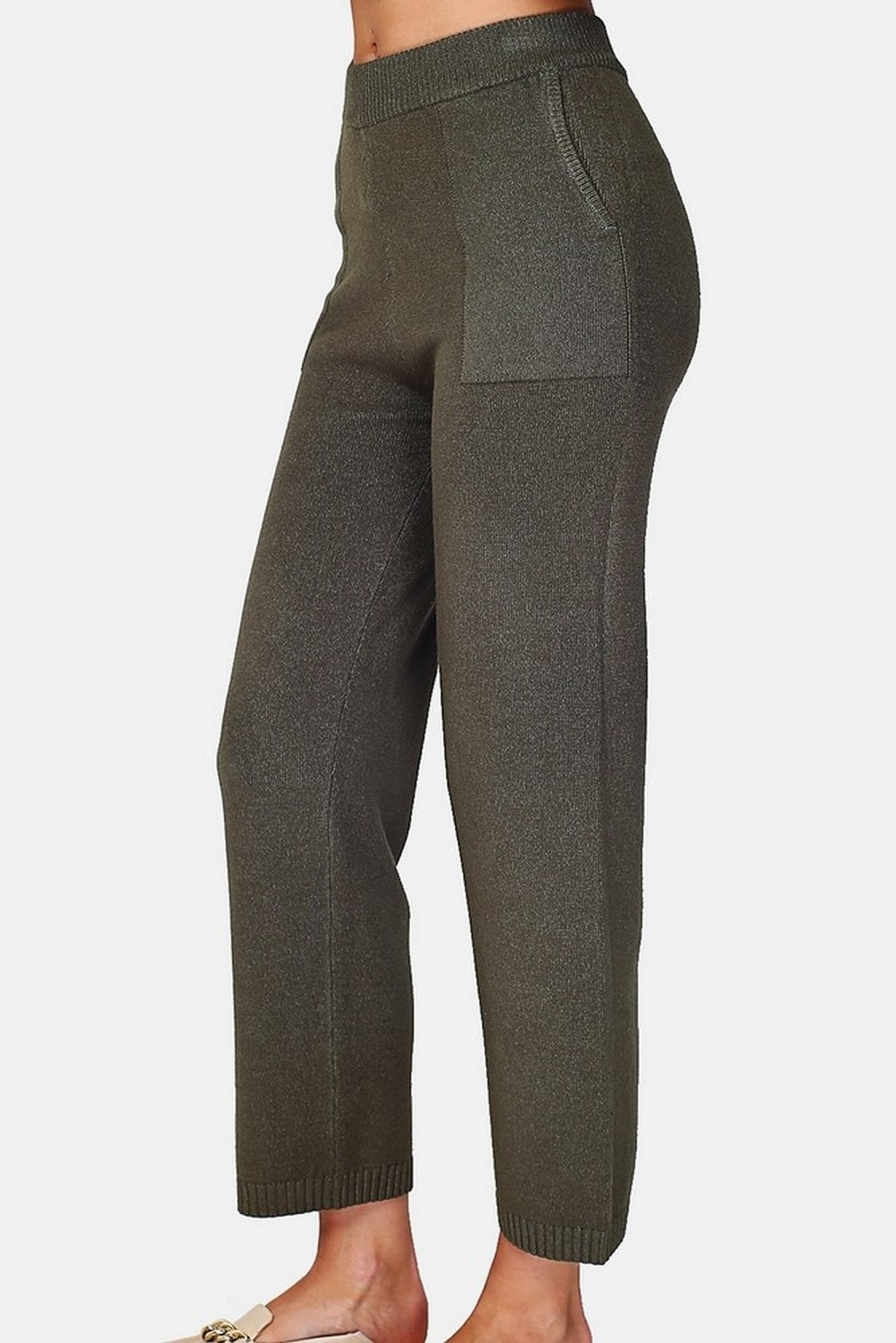 Pantaloni in maglia a vita alta, fondo ampio con tasche Khaki -WF2383