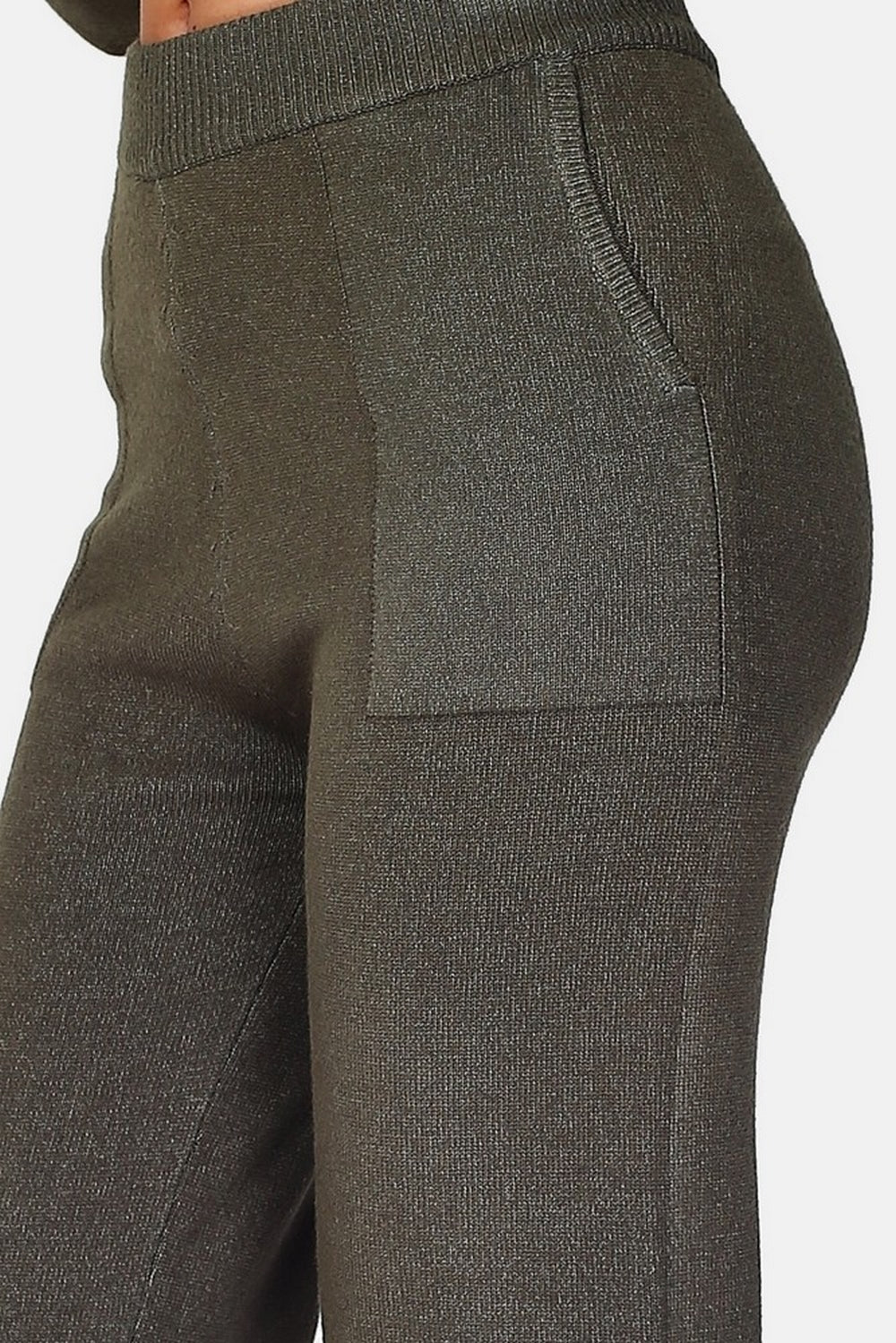 Pantaloni in maglia a vita alta, fondo ampio con tasche Khaki -WF2383