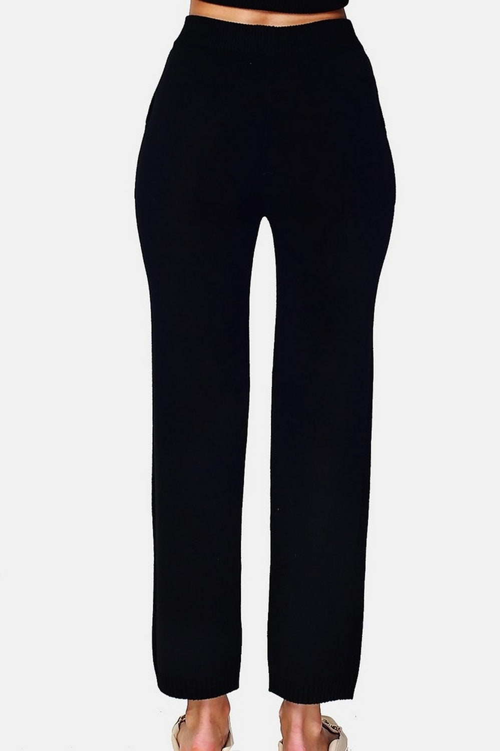 Pantaloni in maglia a vita alta, fondo largo con tasche a 4 fili Nero