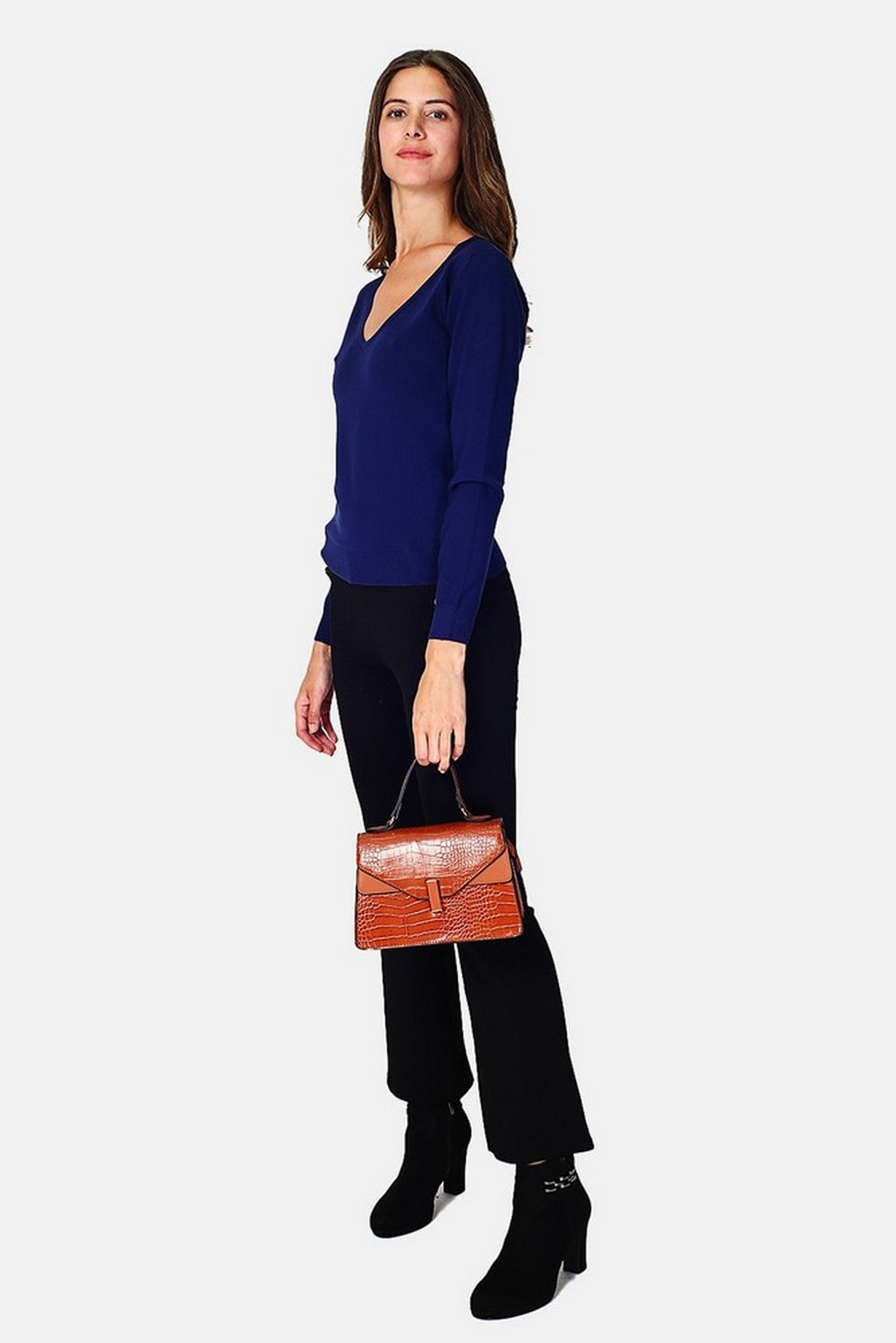 Maglione classico con scollo a V in maglia a 3 strati e maniche lunghe Blu Notte