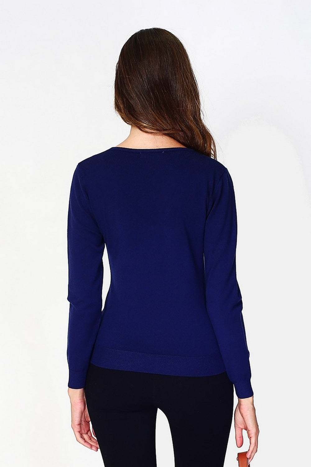 Maglione classico con scollo a V in maglia a 3 strati e maniche lunghe Blu Notte