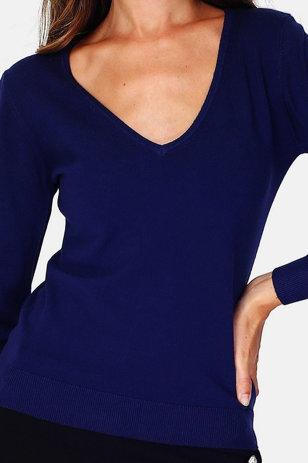 Maglione classico con scollo a V in maglia a 3 strati e maniche lunghe Blu Notte