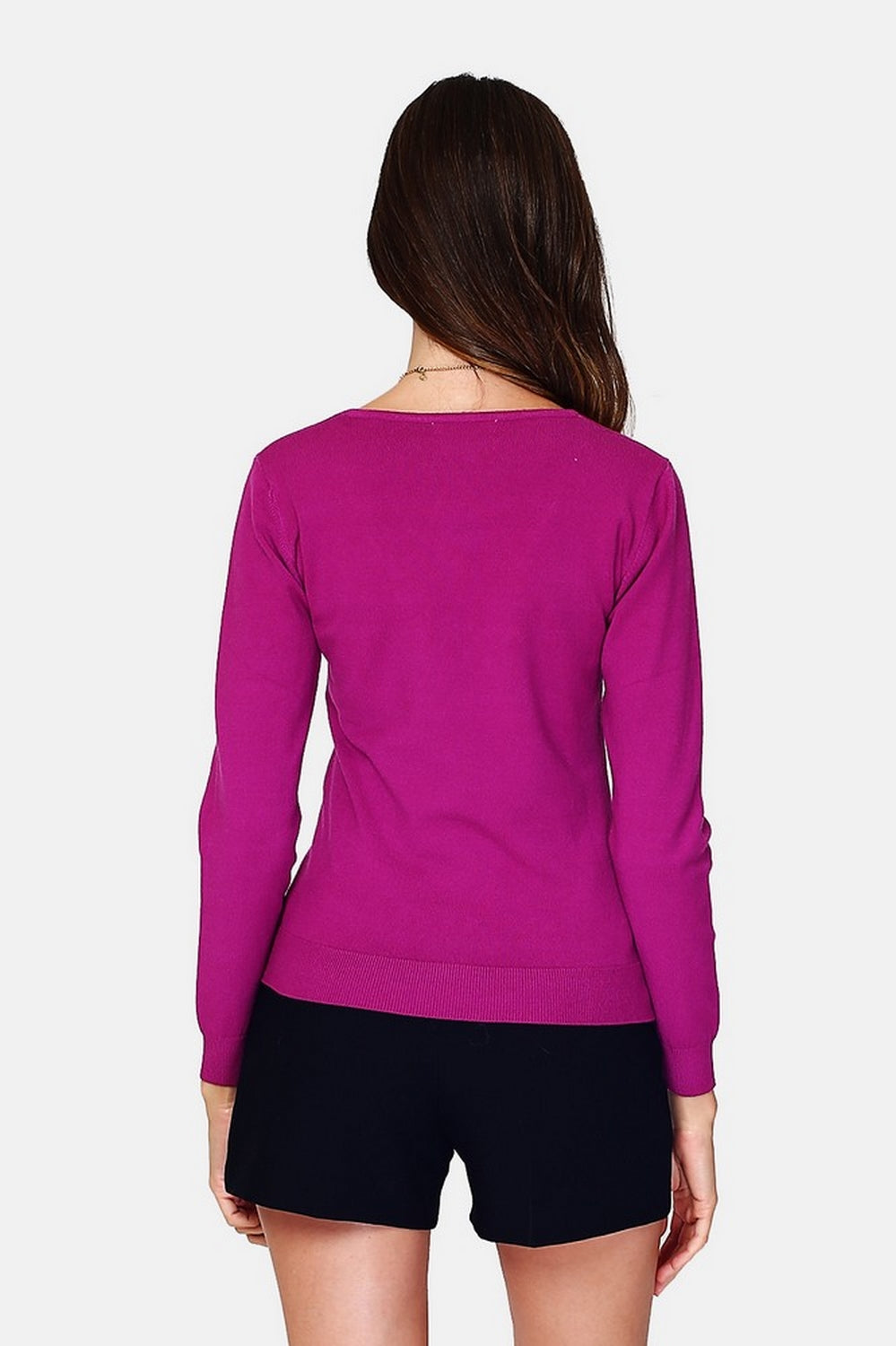 Maglione classico con scollo a V, maglia a 3 strati, maniche lunghe - Orchidea