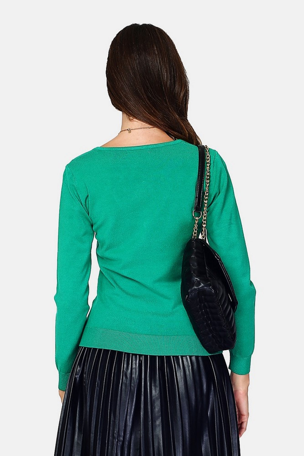 Maglione classico con scollo a V in maglia a 3 strati e maniche lunghe Verde Virido