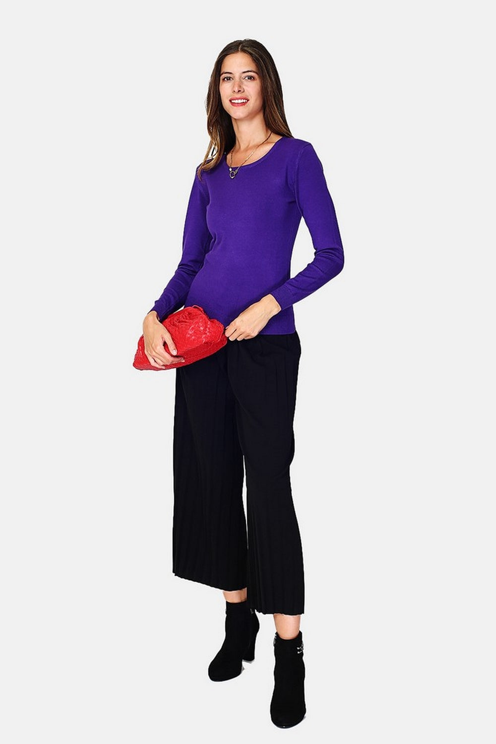 Maglione classico girocollo, maglia a 3 strati, maniche lunghe - Viola