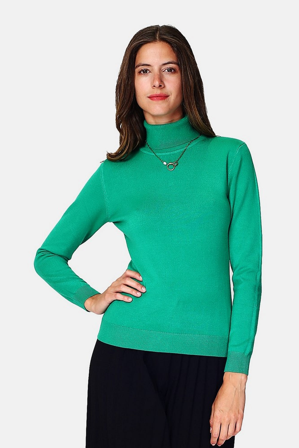 Classico maglione dolcevita in maglia a 3 strati con maniche lunghe Verde Virido