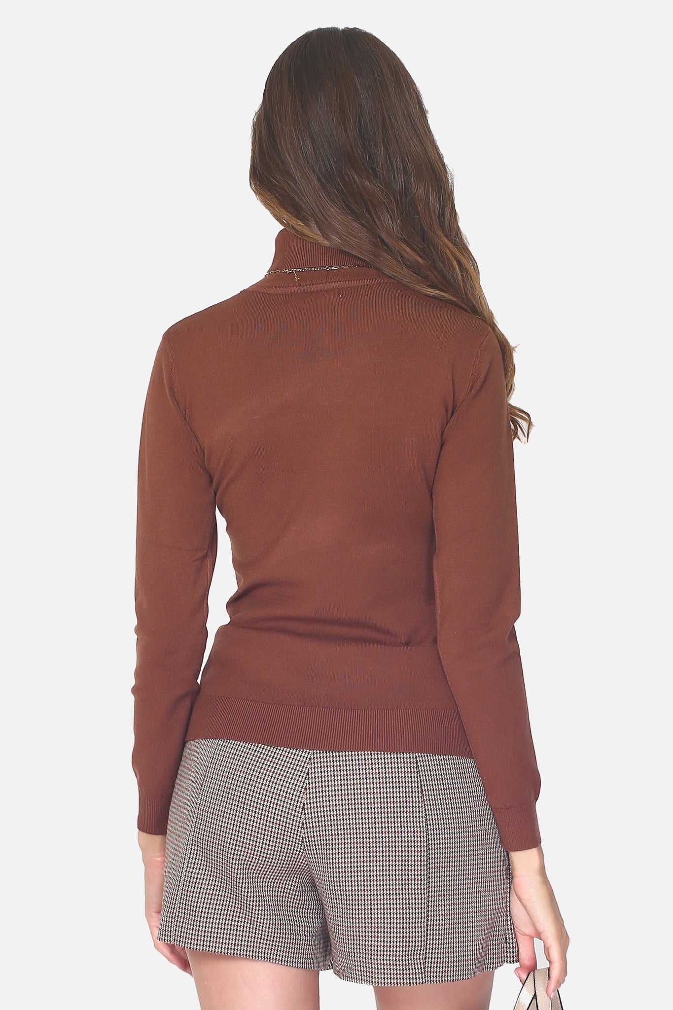 Classico maglione dolcevita in maglia a 3 strati con maniche lunghe Marrone