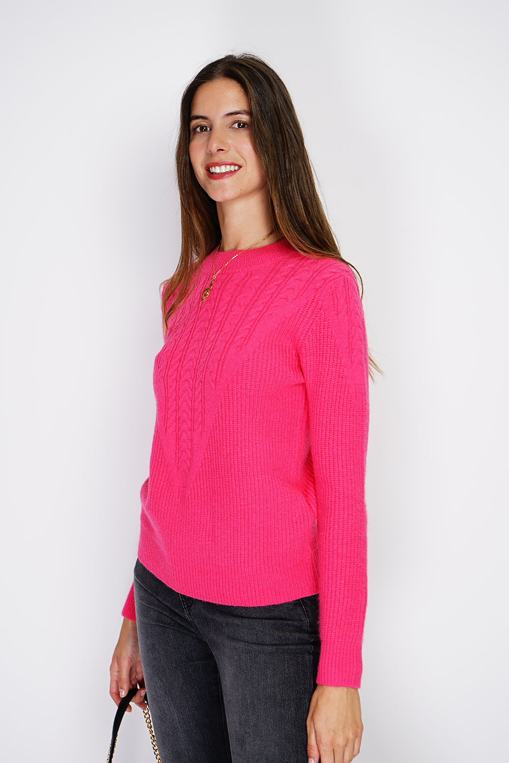 Maglione girocollo a maniche lunghe con torsione sul davanti Fucsia -WF2459