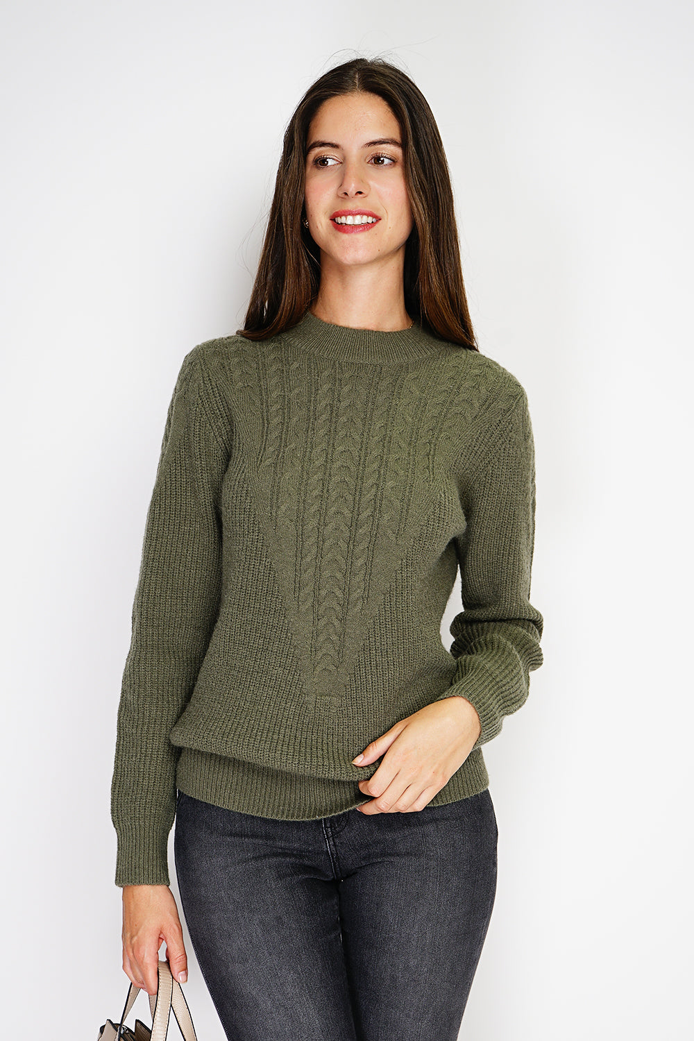 Maglione girocollo a maniche lunghe con torsione sul davanti Cachi