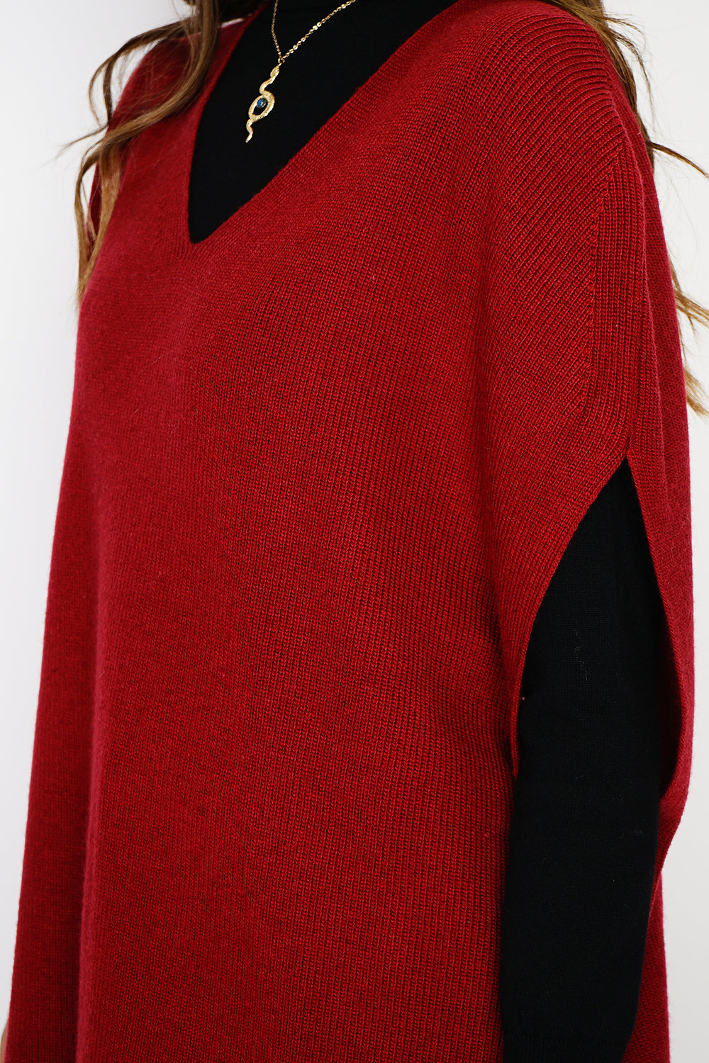 Maglione poncho con scollo a V lavorato a maglia Bordeaux